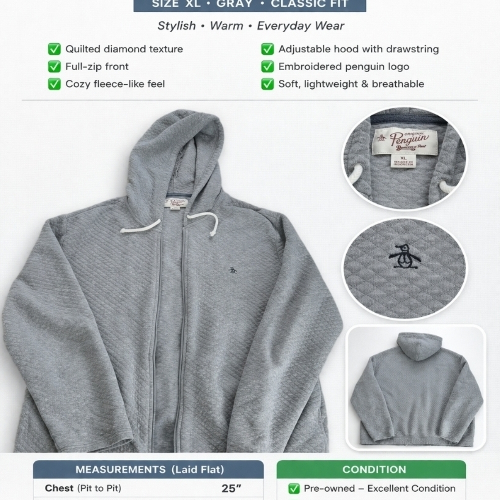 Original Penguin Gray Quilted Lightweight Hooded Jacket
